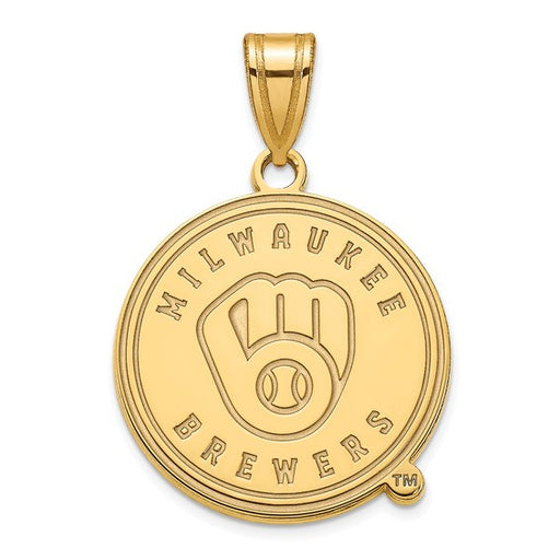 The SS Gold-plated MLB Milwaukee Brewers Letter M Large Pendant features a gold-plated sterling silver design with the team’s “M” and baseball glove logo, encircled by "Milwaukee Brewers.
