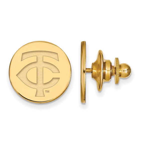 The SS Gold-plated MLB Minnesota Twins Baseball Club Pin features the engraved interlocking "TC" on a round face, shown from front and side views to highlight the design and clasp—a must-have accessory for any Twins fan.