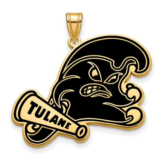 The Sterling Silver Gold-plated Tulane University XL Enameled Pendant features the iconic angry green wave mascot holding a "TULANE" megaphone, outlined in gold with black enamel accents.