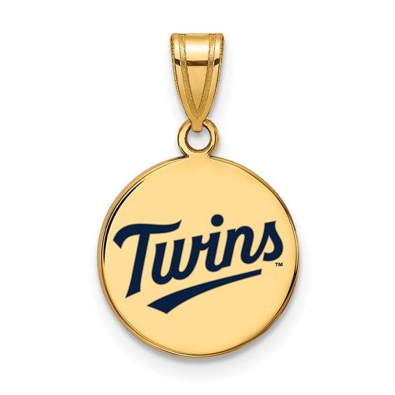 The SS Gold-Plat MLB Minn Twins T-C Medium Enameled Disc Pendant features "Twins" in blue cursive on gold-plated sterling silver, hanging from a sleek gold bail, offering an elegant touch of MLB jewelry charm.