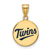 The SS Gold-Plat MLB Minn Twins T-C Medium Enameled Disc Pendant features "Twins" in blue cursive on gold-plated sterling silver, hanging from a sleek gold bail, offering an elegant touch of MLB jewelry charm.