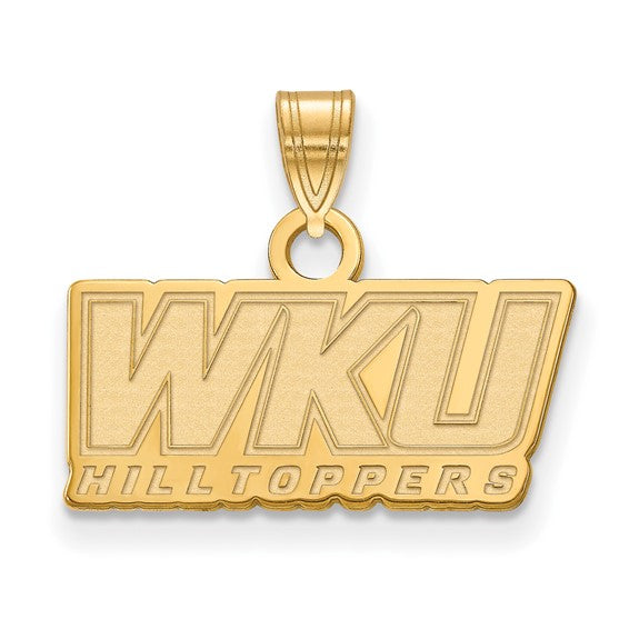 The SS w/GP Western Kentucky University Small WKU Pendant features "WKU" above "Hilltoppers" engraved on a rectangular gold-plated sterling silver piece with a top loop for a chain.