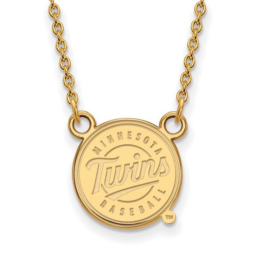 The SS GP MLB Minn Twins Script Baseball Small Pendant 18 in Necklace features a gold-plated round pendant with "Minnesota Twins Baseball" and the team's logo on an 18-inch delicate gold chain.