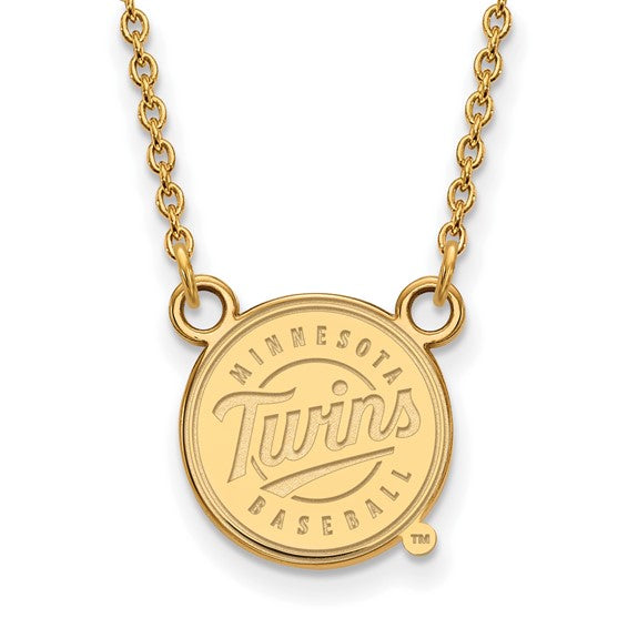 The SS GP MLB Minn Twins Script Baseball Small Pendant 18 in Necklace features a gold-plated round pendant with "Minnesota Twins Baseball" and the team's logo on an 18-inch delicate gold chain.