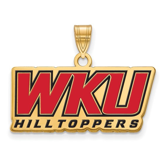 The SS w/GP Western Kentucky U Large Enamel Pendant features a gold-plated sterling silver design with bold red "WKU" letters and black outline, "HILLTOPPERS" in black below, and a gold bail for easy chain attachment.