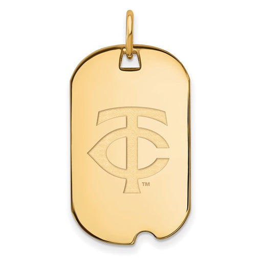 Show your Minnesota Twins pride with this SS Gold-plated MLB Small Dog Tag Pendant, featuring "TC" engraved in a stylish font and a top loop for easy attachment to your chain.