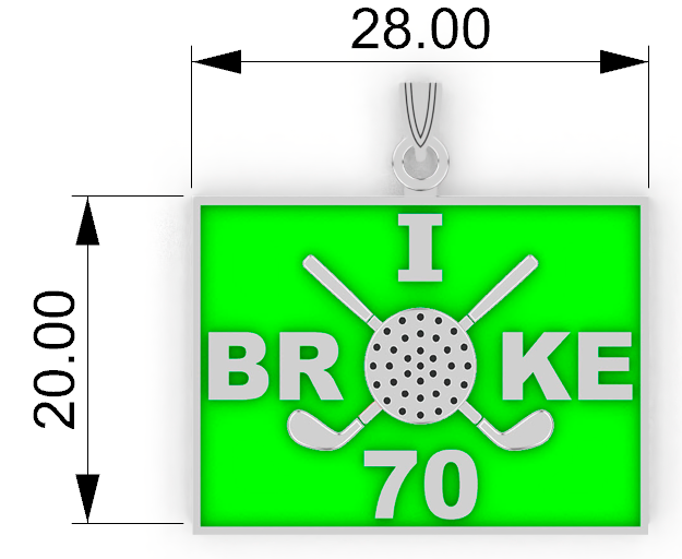 Sterling Silver I Broke 70 Golf Pendant showing dimensions