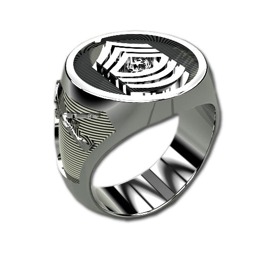 The Command Sergeant Major Badge Ring is a polished sterling silver ring featuring a wide band and an intricate geometric design on the top. The design consists of concentric lines that form a layered, angled pattern surrounding a central, sparkling gemstone. This handcrafted piece of military jewelry includes Command Sergeant Major Badge engravings on the sides of the band.