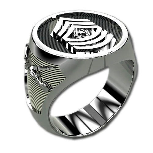A sleek silver men's military style signet ring with a raised Sergeant Major Badge logo on top and army logos on the sides