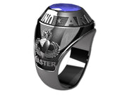 US Army Men's Silver Ring - Features a large, round gemstone set in a raised bezel with army logos on the sides.