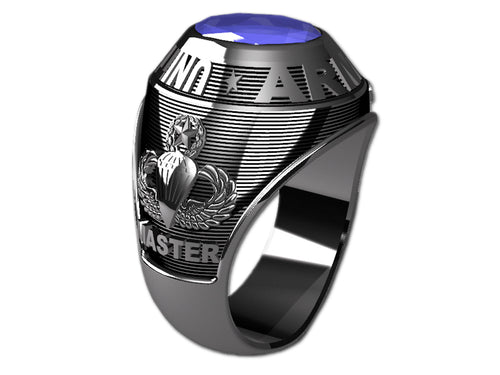 US Army Men's Silver Ring - Features a large, round gemstone set in a raised bezel with army logos on the sides.