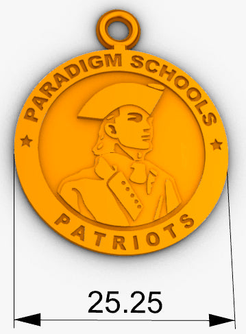 The Paradigm Schools Pendant is gold-plated, with "PARADIGM SCHOOLS" at the top and "PATRIOTS" at the bottom, showcasing a colonial patriot profile. The pendant has a diameter of 25.25 units.