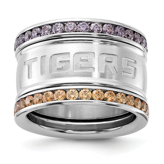 Stainless Steel Collegiate Louisiana State U Crystal Stacked Ring Set