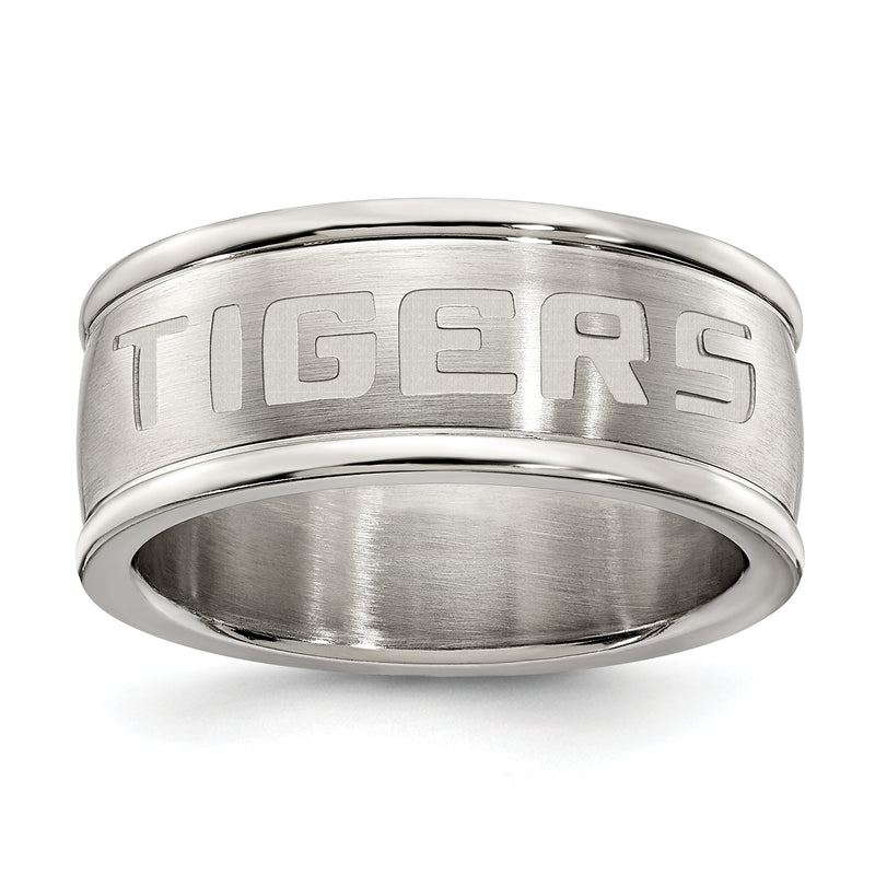 LOUISIANA STATE UNIV STAINLESS STEEL LOGO BAND RING SIZE 8(TIGER)