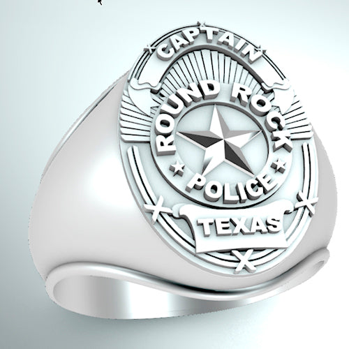 The Police Ring - M263A Style is a customized sterling silver ring with a department badge-shaped design, featuring a star and the words "Captain," "Round Rock," and "Texas.