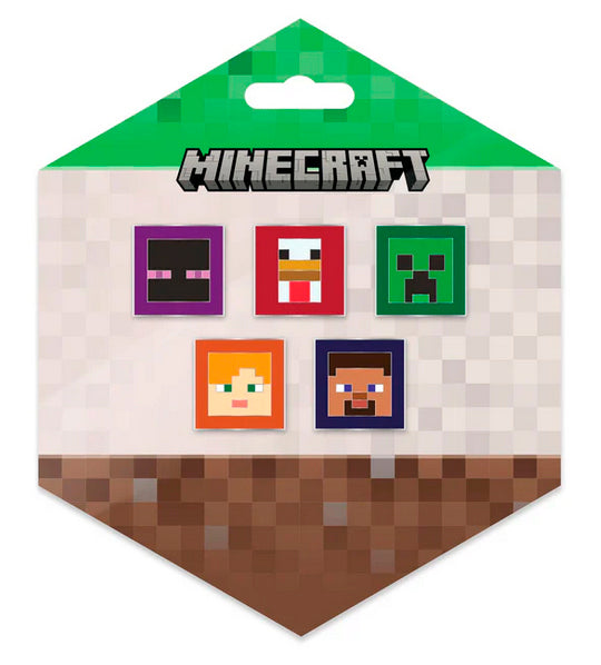 The Minecraft Collector Pins set features five square pins—Enderman, Chicken, Creeper, Alex, and Steve—with pixelated faces on a blocky background beneath the Minecraft logo. A perfect gift for any fan!.