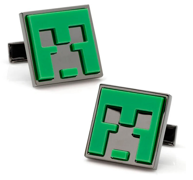 Minecraft Creeper Gunmetal Cufflinks feature a raised green pixelated Creeper face design—ideal gamer accessories for fans of the iconic video game.