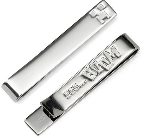 The Minecraft Creeper Hidden Message Silver Tie Bar features a pixelated creeper face and hidden engraved details—making it the perfect silver accessory for any gamer and a stylish nod to the iconic Minecraft video game.