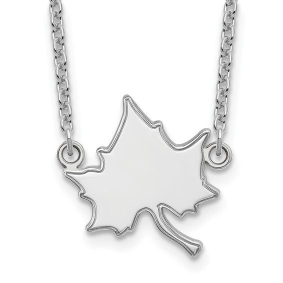 A 14k white gold necklace featuring a large Indiana State University interlocking IS pendant attached to a delicate chain on both sides.
