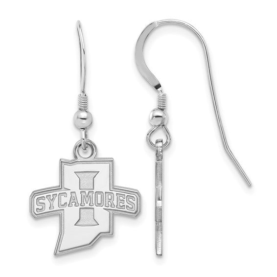 The SS Indiana State U Small Dangle Earrings are sterling silver charms shaped like Indiana, featuring "Sycamores" and a bold "I" at the center. One earring is shown front-facing, the other from the side.