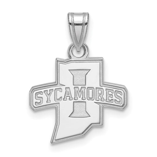 A sterling silver SS Indiana State U Small Pendant shaped like Indiana, featuring a bold "I" and "SYCAMORES"—an ideal jewelry piece for Indiana State University fans, crafted by LogoArt.