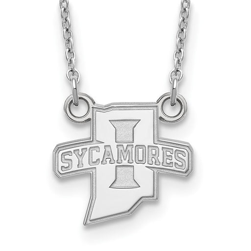 This 14k white gold Indiana State U small pendant with necklace by LogoArt features a bold “I” and “Sycamores” across the front—perfect for Indiana State University fans.