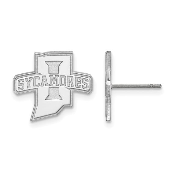 The SS Indiana State U Small Post Earrings feature sterling silver designs shaped like the LogoArt "I" and "Sycamores" logo, with one earring showing the front view and the other displaying a detailed side profile.