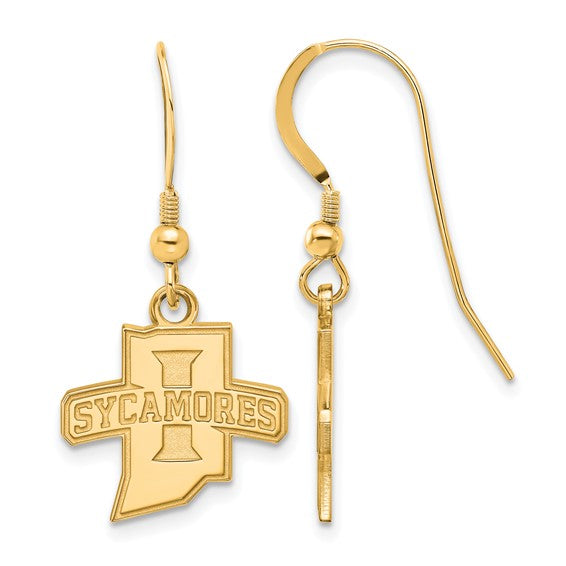 Show your Indiana State pride with SS w/GP Indiana State U Small Dangle Earrings—gold-plated sterling silver dangles featuring the state's shape and school details, perfect for dedicated Sycamores fans.