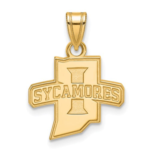 The SS w/GP Indiana State U Small Pendant is a gold-plated sterling silver pendant shaped like Indiana with a bold "I" and "SYCAMORES" across it. Official LogoArt design.