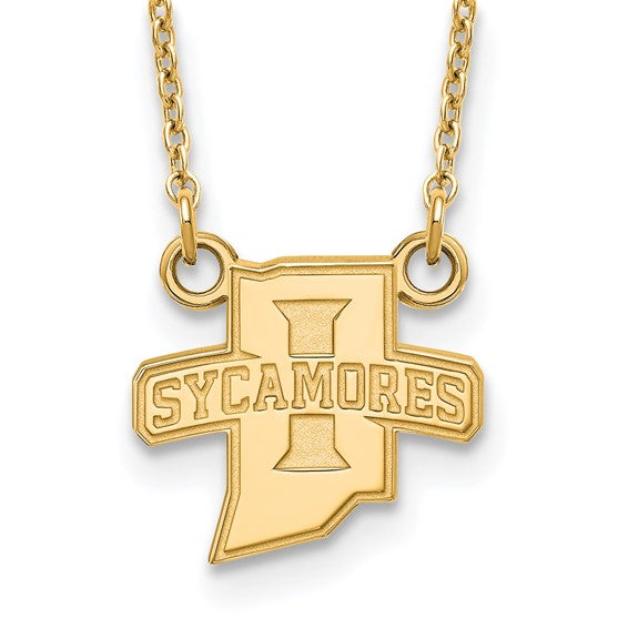 A gold-plated sterling silver Indiana State University small pendant necklace featuring a bold "I" and "Sycamores," crafted by LogoArt.