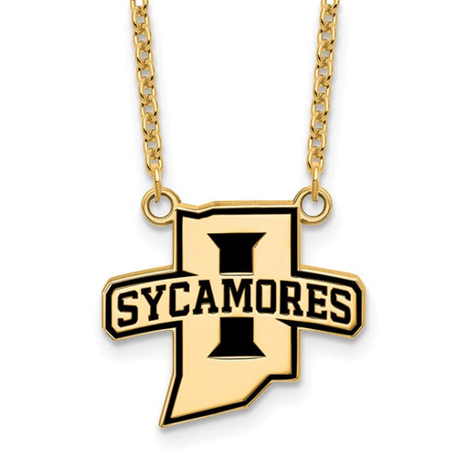 Display your Sycamore pride with the SS w/GP Indiana State U Lg Enl Pend w/Necklace—featuring a gold-plated Indiana-shaped pendant with a bold black “I” and “Sycamores” accent, perfect for any Indiana State University fan.