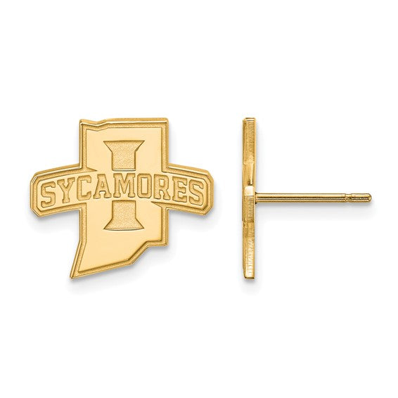A pair of SS w/GP Indiana State U Small Post Earrings, featuring Indiana's outline with "SYCAMORES" and a bold "I" at the center; one earring shown front view, the other side view.