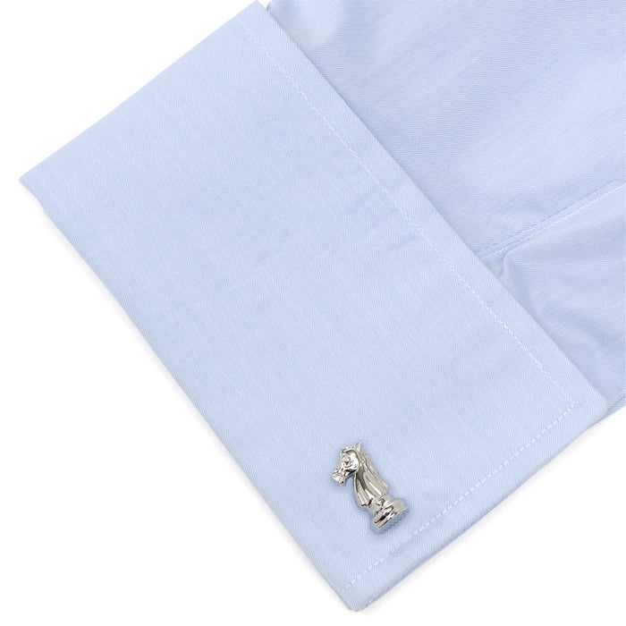 Knight and Rook Chess Piece Cufflink shown on shirt cuff