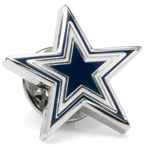 The Dallas Cowboys Lapel Pin features a five-pointed silver star with a dark blue center and an extra silver outline, closely matching the iconic team logo—perfect for devoted NFL fans.