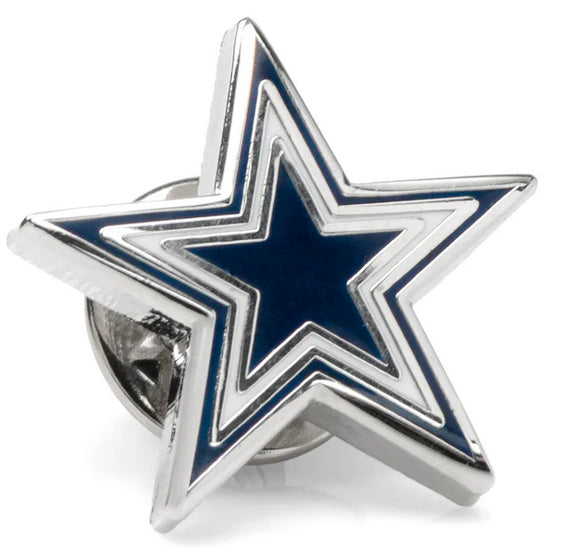 The Dallas Cowboys Lapel Pin features a five-pointed silver star with a dark blue center and an extra silver outline, closely matching the iconic team logo—perfect for devoted NFL fans.