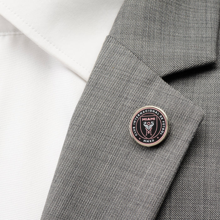 Inter Miami CF Lapel Pin pictured on the lapel on a suit jacket.