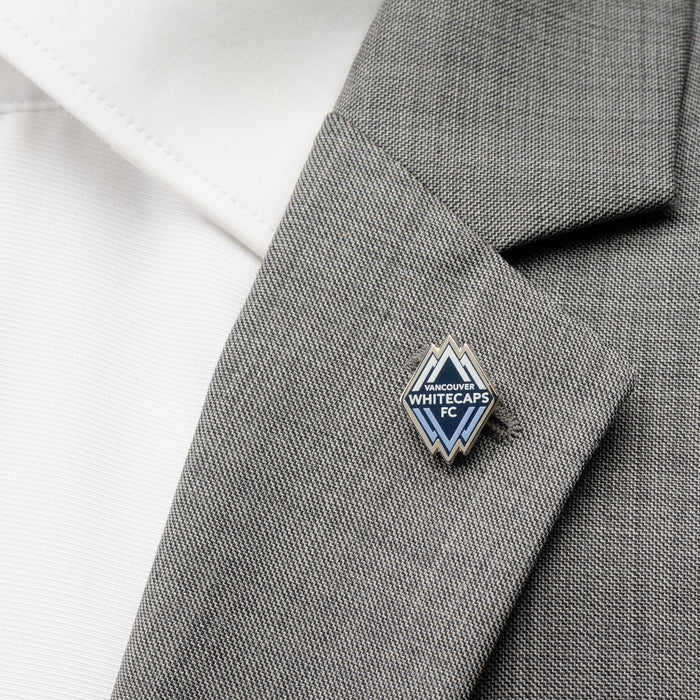 Vancouver Whitecaps FC Lapel Pin pictured on the lapel on a suit jacket.