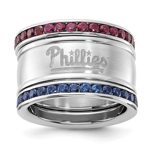 Stainless Steel MLB Philadelphia Phillies Polished & Satin Crystal Stacked Ring Set