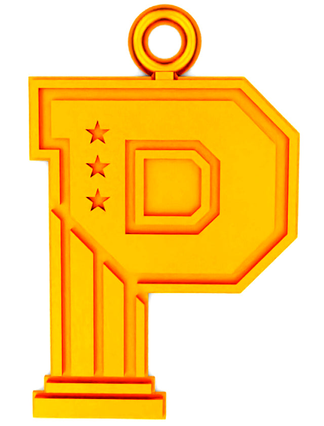 The Paradigm Schools Logo Pendant, shaped as a golden "P" with three embossed stars and decorative lines, resembles a sporty achievement emblem—perfect for any sports jewelry store.