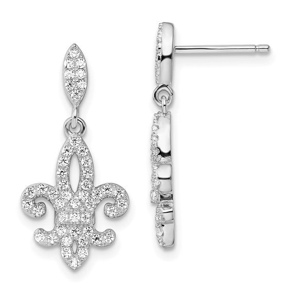 Fleur De Lis Post Silver Dangle Earrings