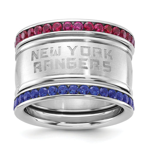 Stainless Steel NHL New York Rangers Crystal Triple Stacked Ring Set