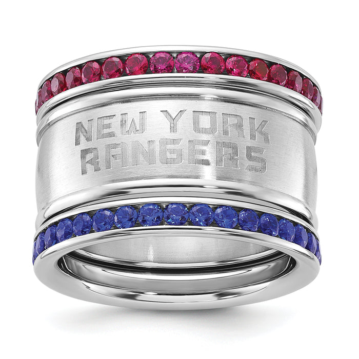 Stainless Steel NHL New York Rangers Crystal Triple Stacked Ring Set