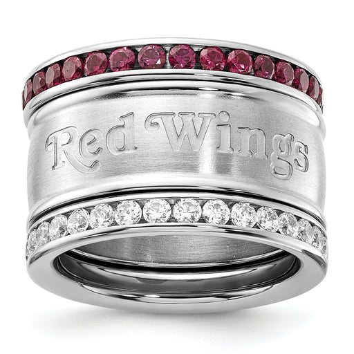Stainless Steel NHL Detroit Red Wings Crystal Triple Ring Set