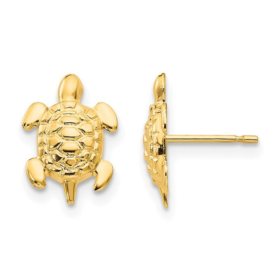14k Madi K Turtle Post Earrings in 14k gold feature detailed shell and limbs, shown from both front and side views.