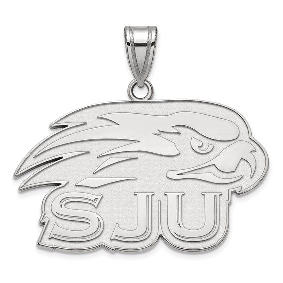 A 10kw St Joseph'S University Large Hawks Pendant shaped like an eagle's head with the letters "SJU" engraved below it. Crafted from 10 Kt white gold, the eagle has a fierce expression, characterized by its sharp eye and detailed feathers.