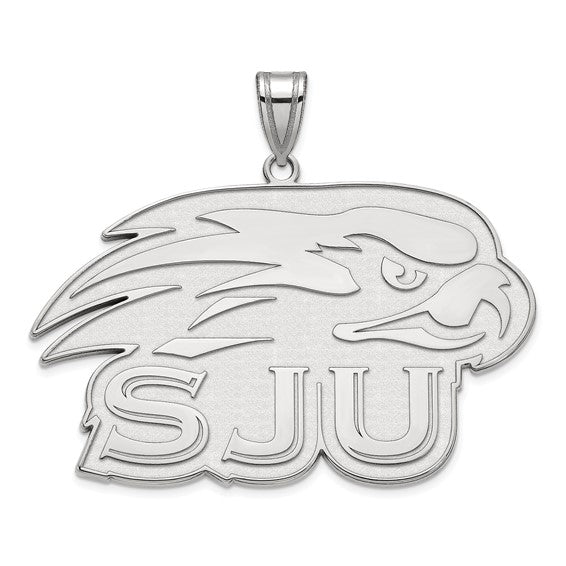 This 10kw St Joseph'S University XL Hawks Pendant features the outline of a hawk's head with eyes and beak, its feathers stylized with clean lines. Below the hawk, the initials "SJU" are prominently displayed, partially integrated with the hawk's design, making it perfect for St Joseph’s University enthusiasts.