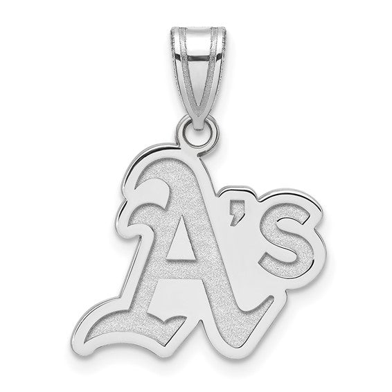 The SS MLB Oakland Athletics Circle Medium Pendant by LogoArt features a sterling silver design with the team's logo, crafted in a circular shape and hanging from a simple metal loop.