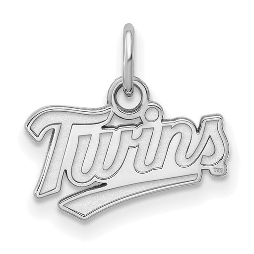 The 10k White Gold MLB Minnesota Twins T-C XS Pendant by LogoArt captures the Twins' spirit with "Twins" in stylized cursive, complete with a loop for easy attachment to necklaces or bracelets.