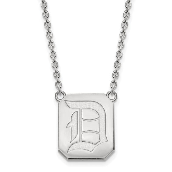 This SS Duquesne University Large Letter D Pendant w/Necklace features a rectangular charm engraved with a stylized capital letter "D" in an ornate font, reminiscent of the LogoArt Duquesne University Necklace. The chain is a simple link design, connected to the pendant at two points on the top corners.