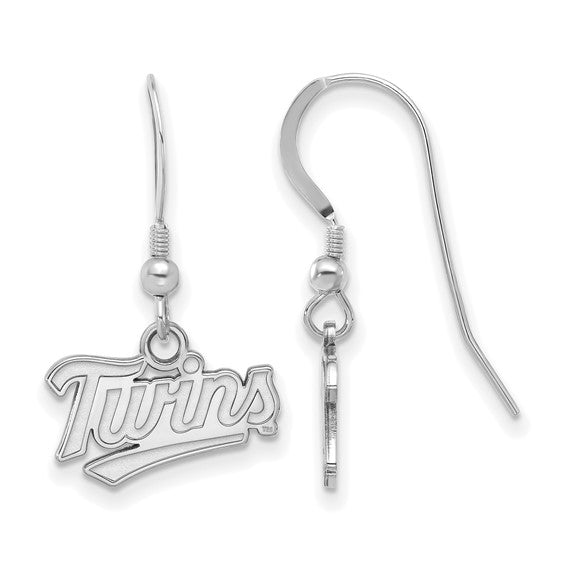 Sterling silver dangle earrings crafted by LogoArt, featuring "Twins" in stylized script. These hook-style earrings are perfect for MLB Minnesota Twins fans wanting an elegant accessory. Product: SS MLB Minnesota Twins T-C XS Dangle Earrings.